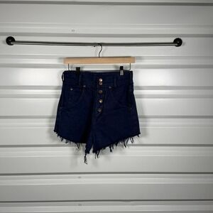 Paris Sport Club Vintage High Waisted Button Fly Jean Shorts Raw Hem Blue Womens